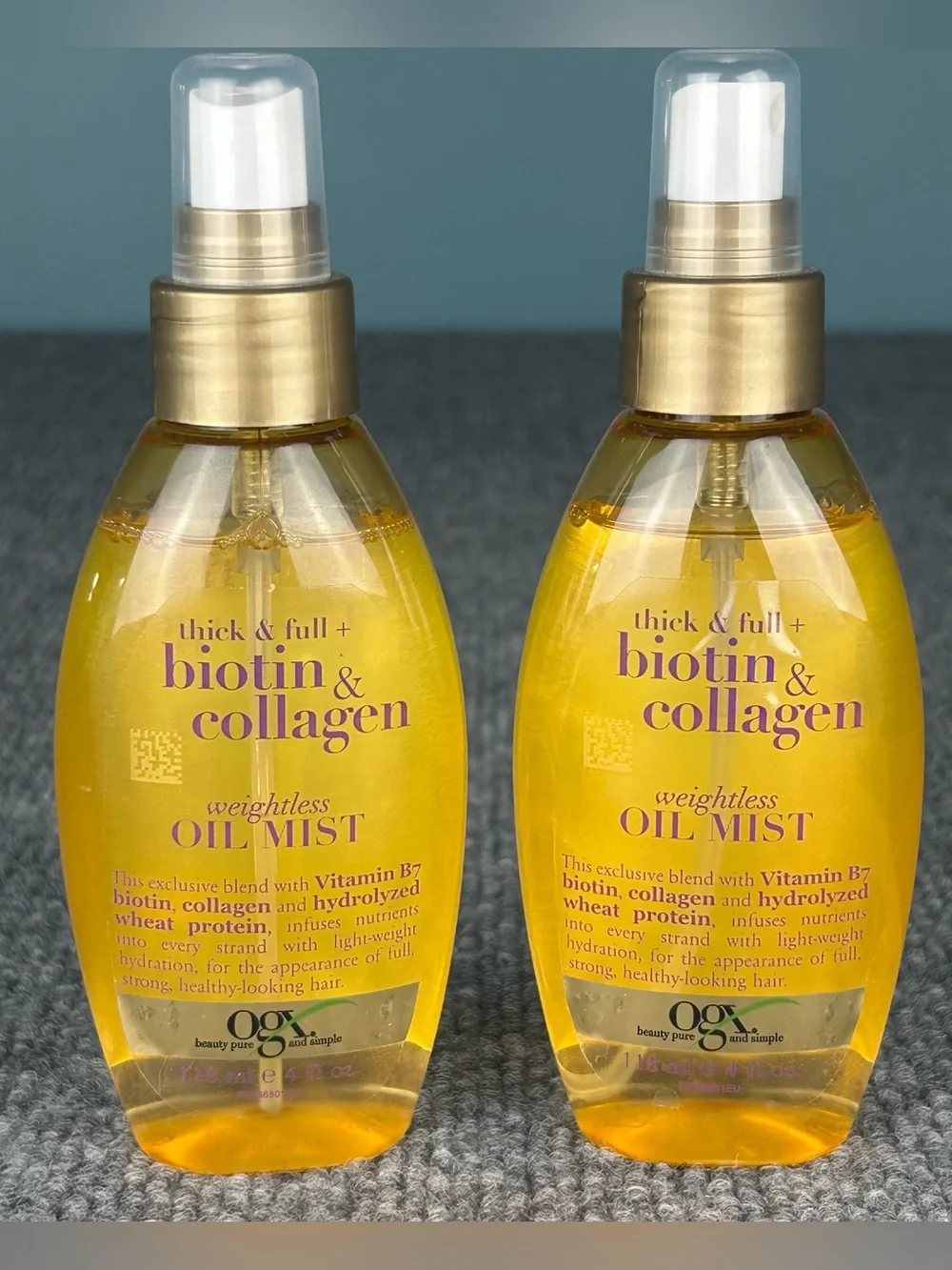 TWO OGX Biotin & Collagen Weightless Oil Spray ~ Thick & Full Hair ~ 4fl oz each